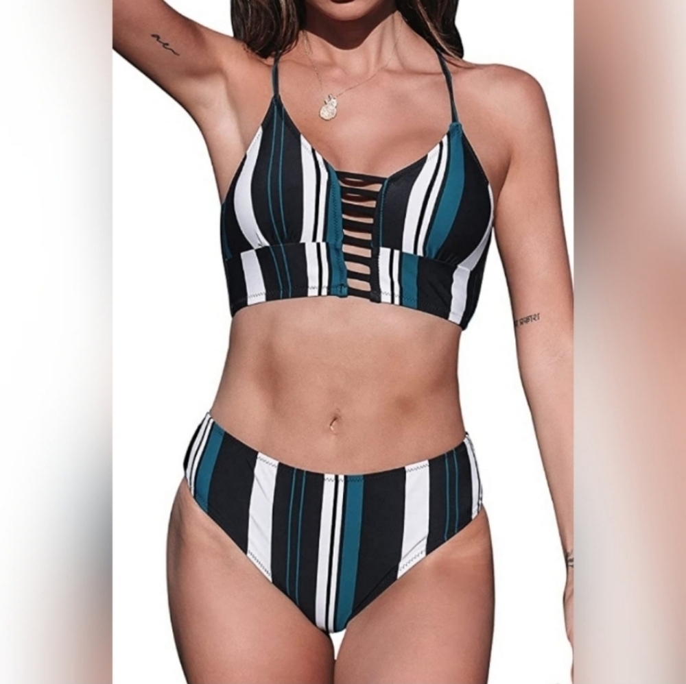New Cupshe High Waisted Striped Blue Bikini Sz Small